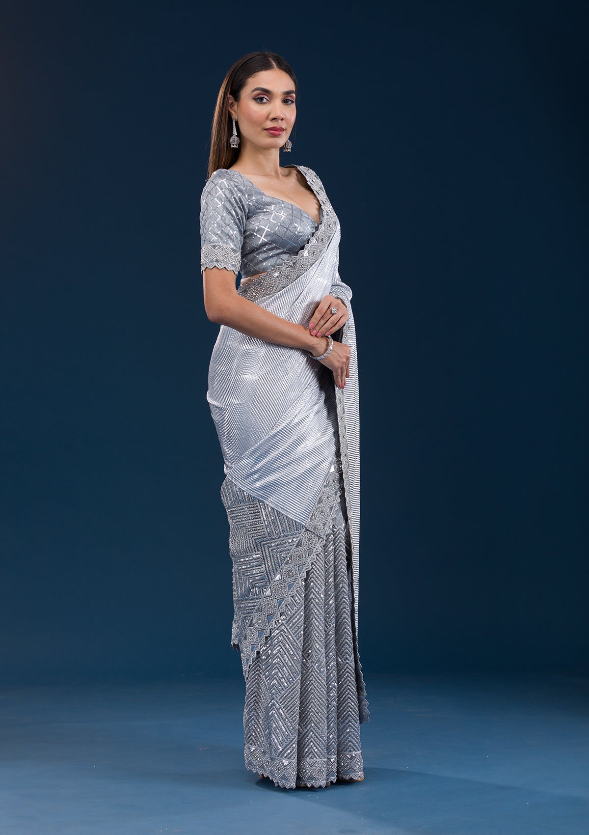 Grey Stonework Semi Crepe Saree