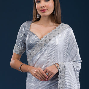 Grey Stonework Semi Crepe Saree