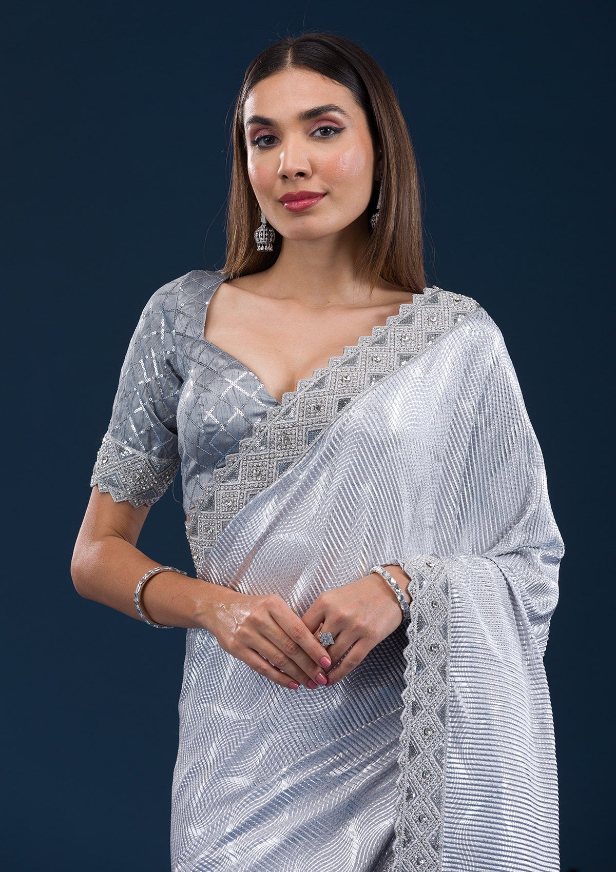 Grey Stonework Semi Crepe Saree