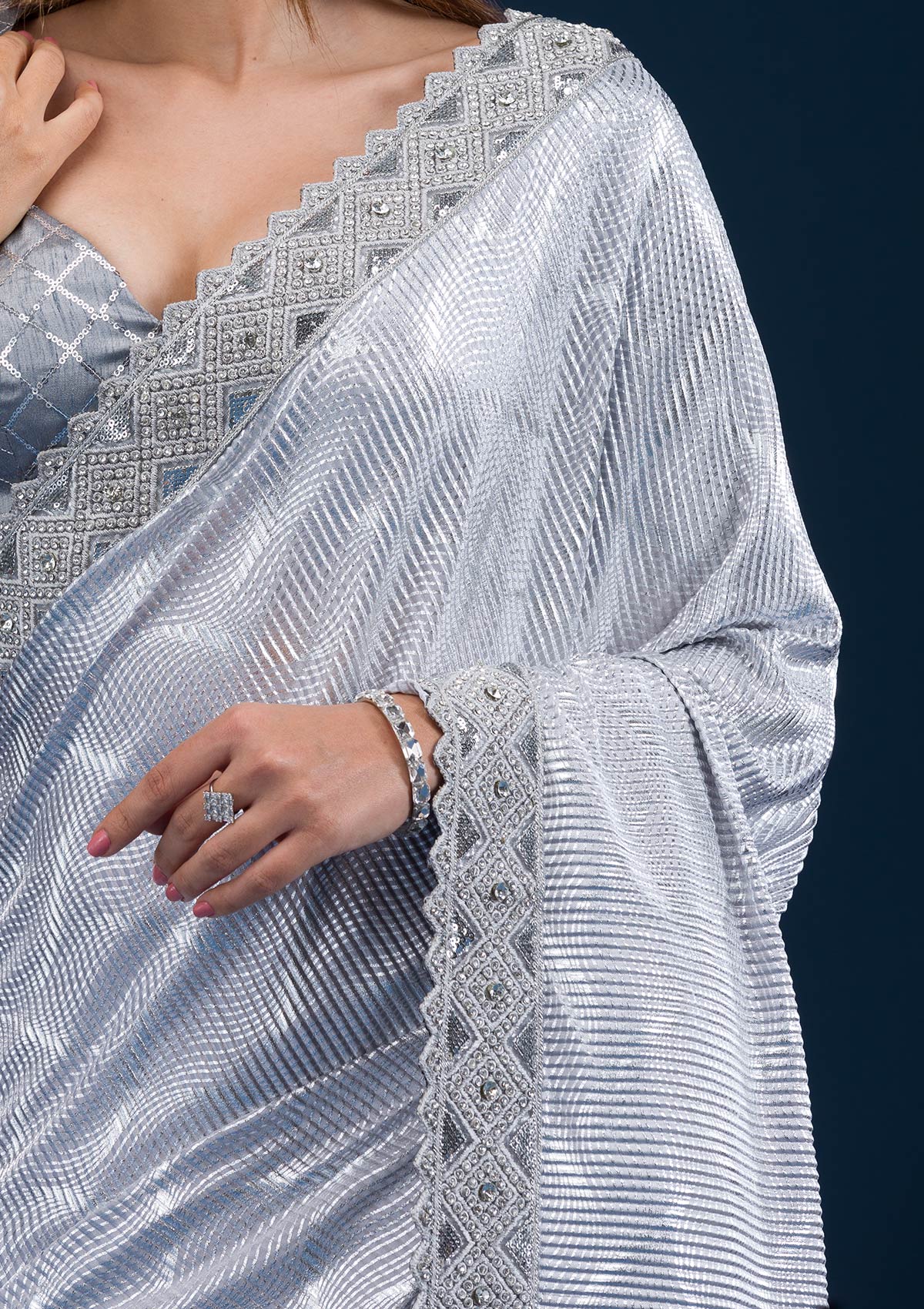 Grey Stonework Semi Crepe Saree