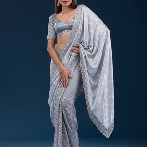 Grey Stonework Semi Crepe Saree