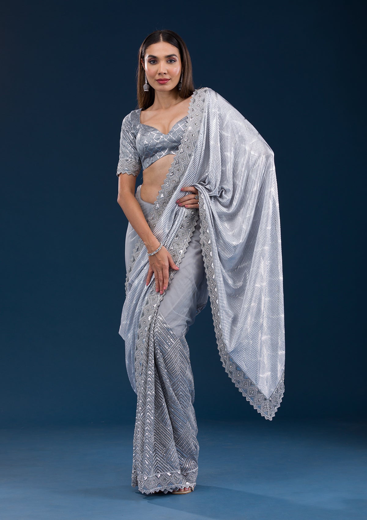 Grey Stonework Semi Crepe Saree