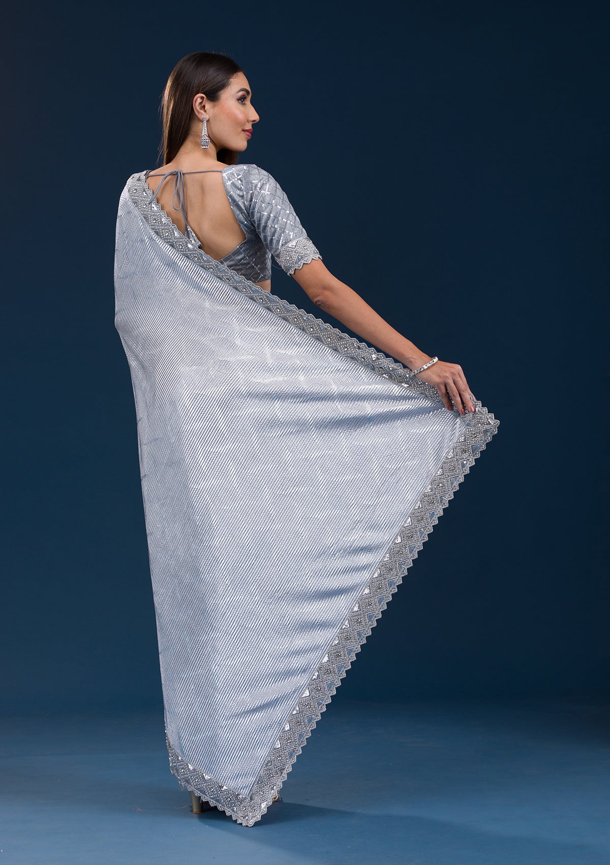 Grey Stonework Semi Crepe Saree