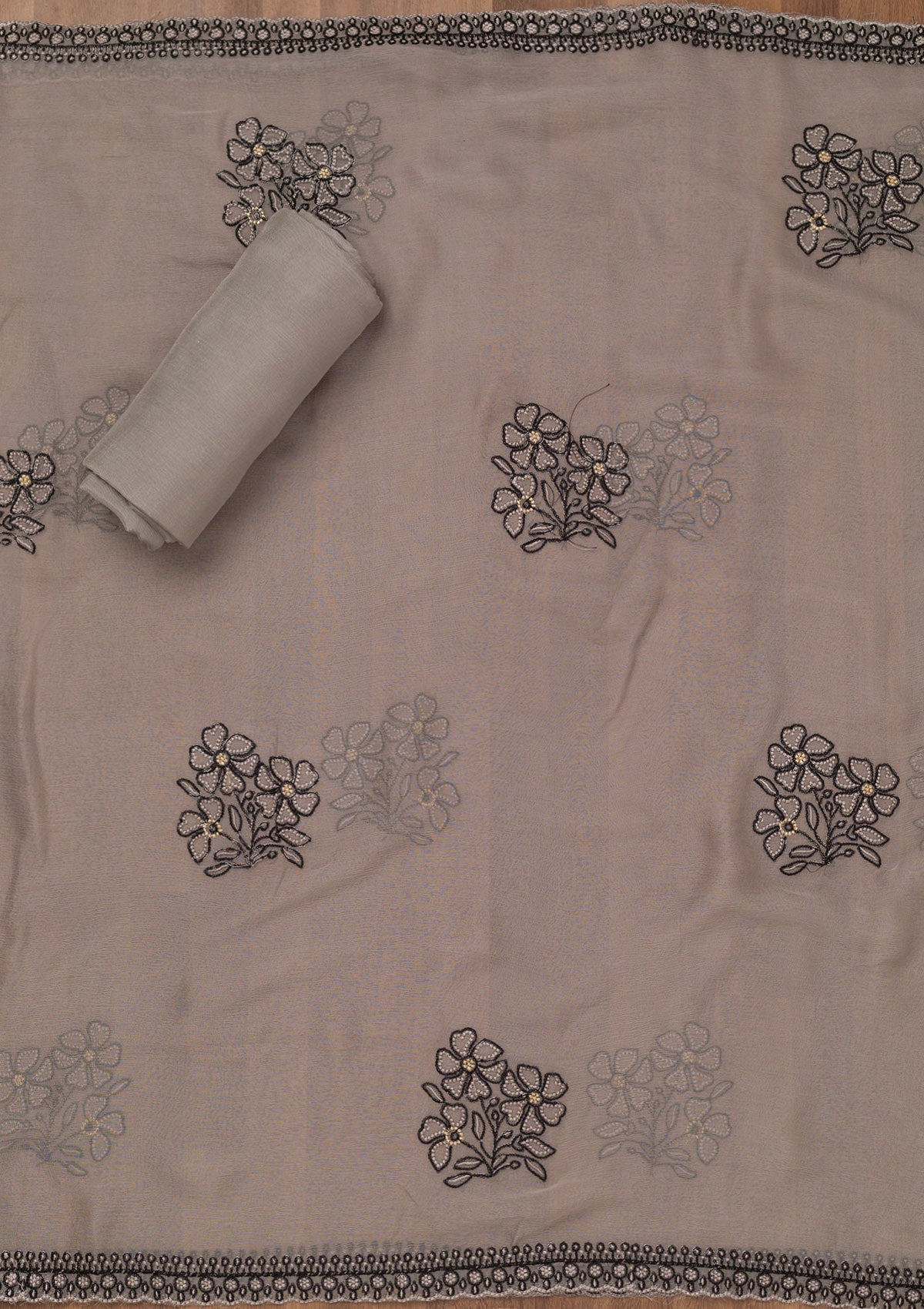 Grey Threadwork Georgette Unstitched Salwar Suit