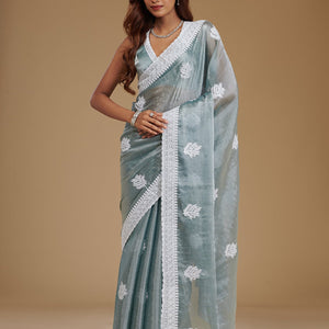 Grey Threadwork Satin Saree