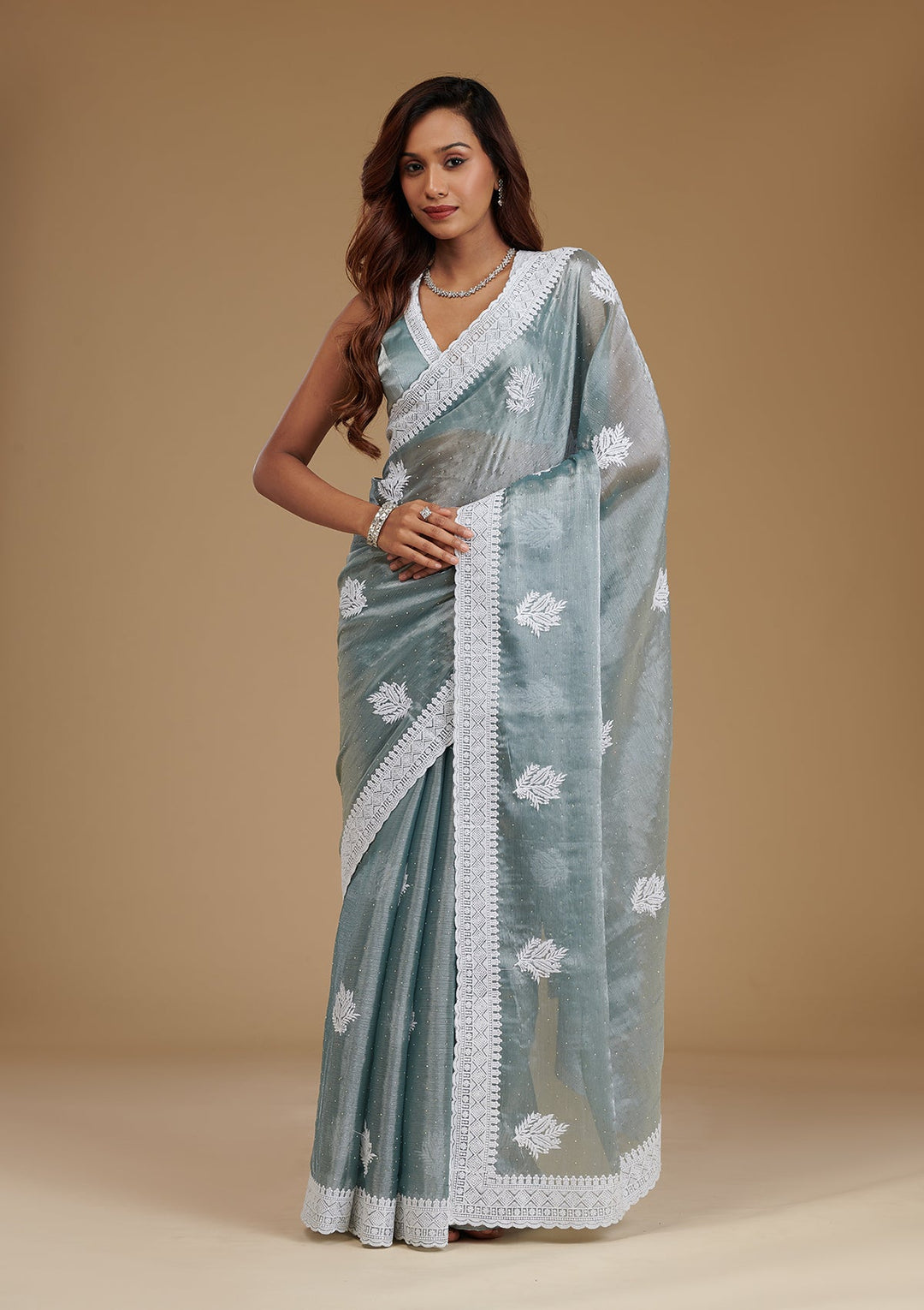 Grey Threadwork Satin Saree