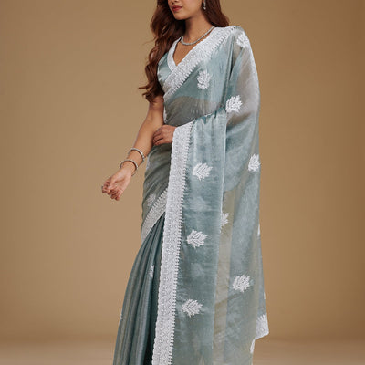 Grey Threadwork Satin Saree