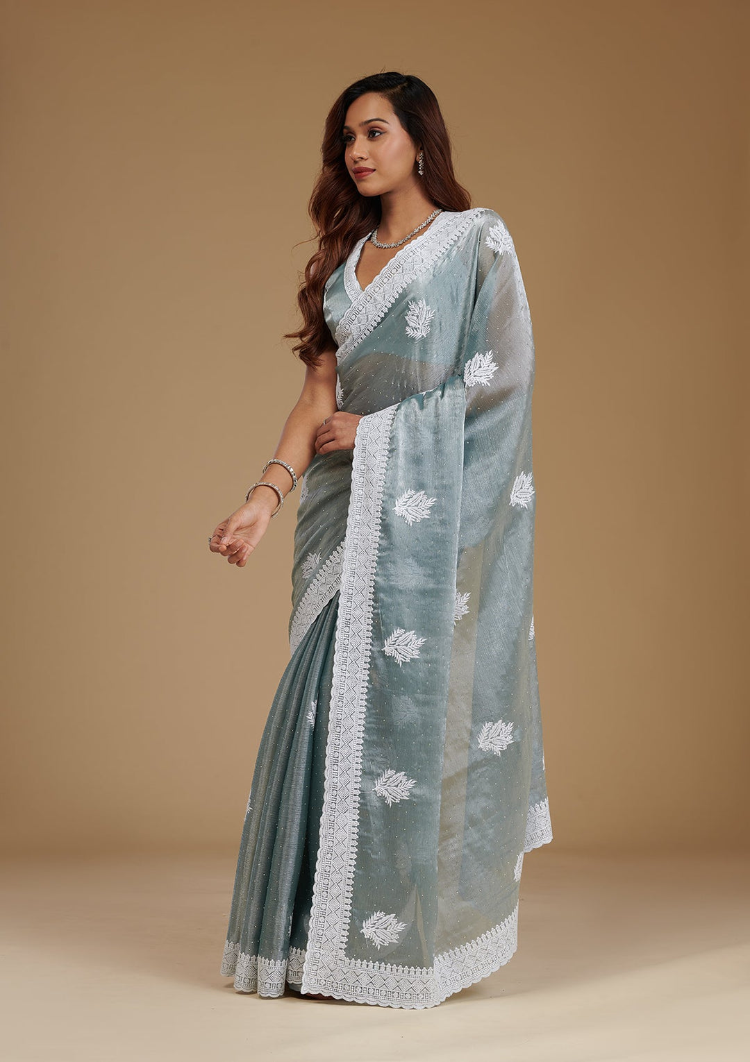 Grey Threadwork Satin Saree