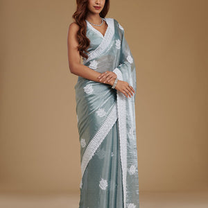 Grey Threadwork Satin Saree