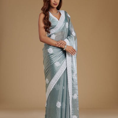 Grey Threadwork Satin Saree