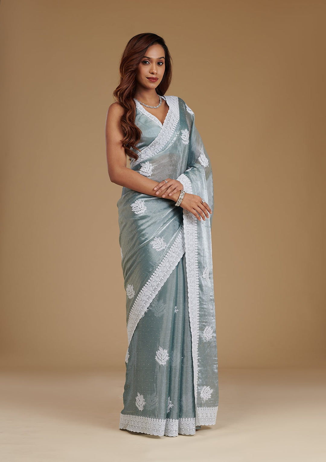 Grey Threadwork Satin Saree