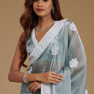 Grey Threadwork Satin Saree