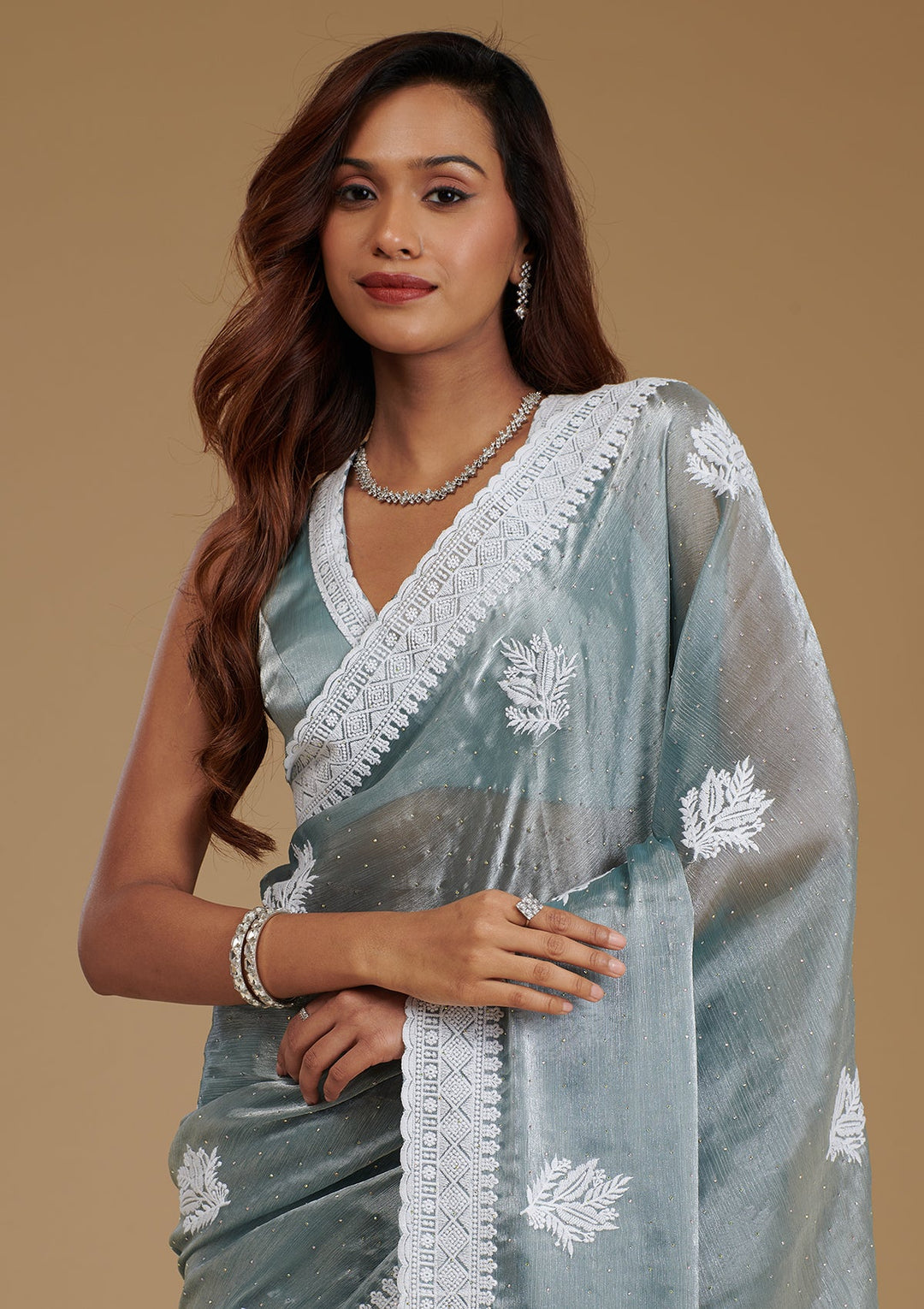 Grey Threadwork Satin Saree