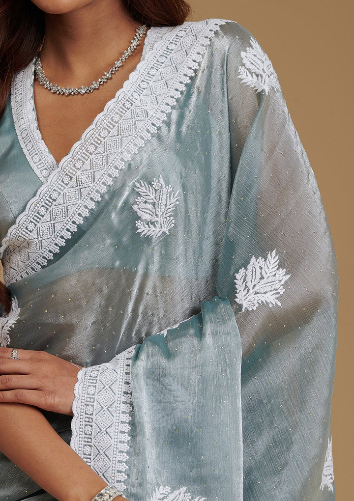 Grey Threadwork Satin Saree