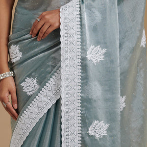 Grey Threadwork Satin Saree