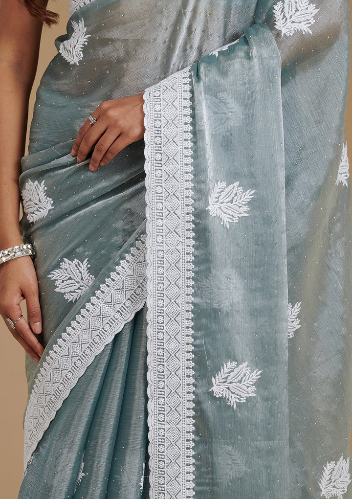 Grey Threadwork Satin Saree