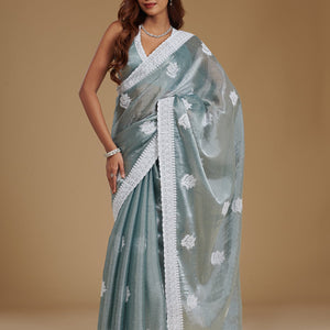 Grey Threadwork Satin Saree