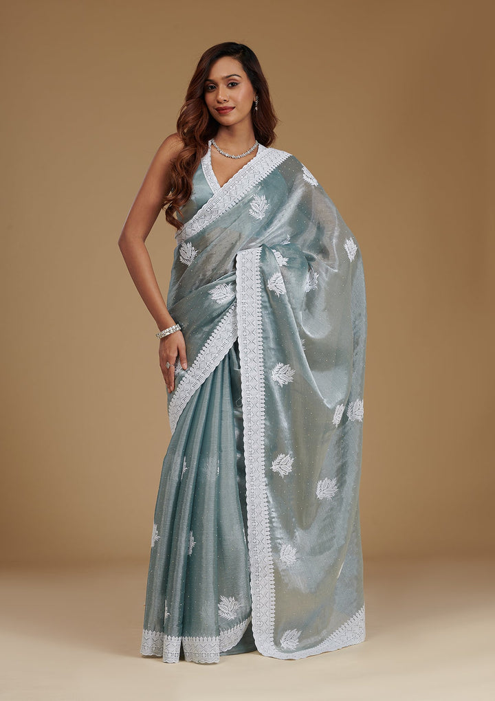 Grey Threadwork Satin Saree