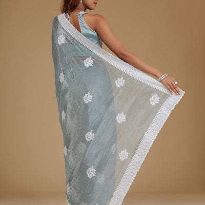 Grey Threadwork Satin Saree
