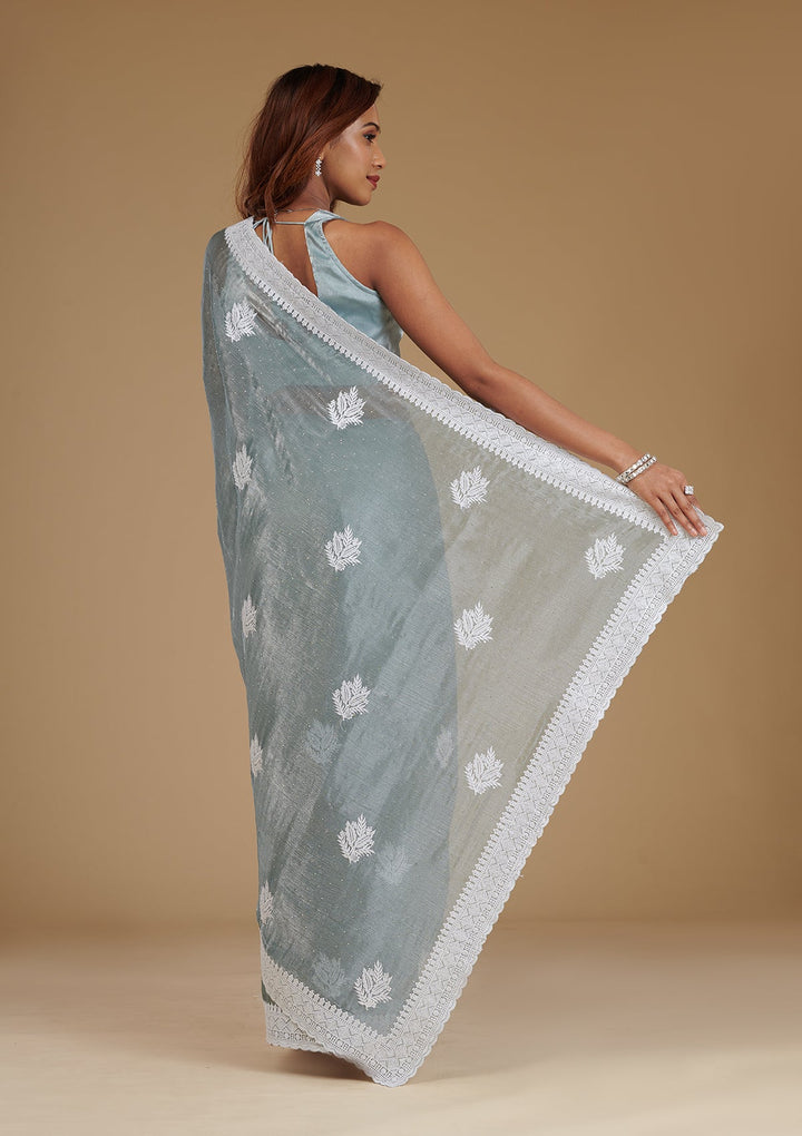 Grey Threadwork Satin Saree