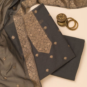 Grey Zariwork Soft Silk Unstitched Salwar Suit
