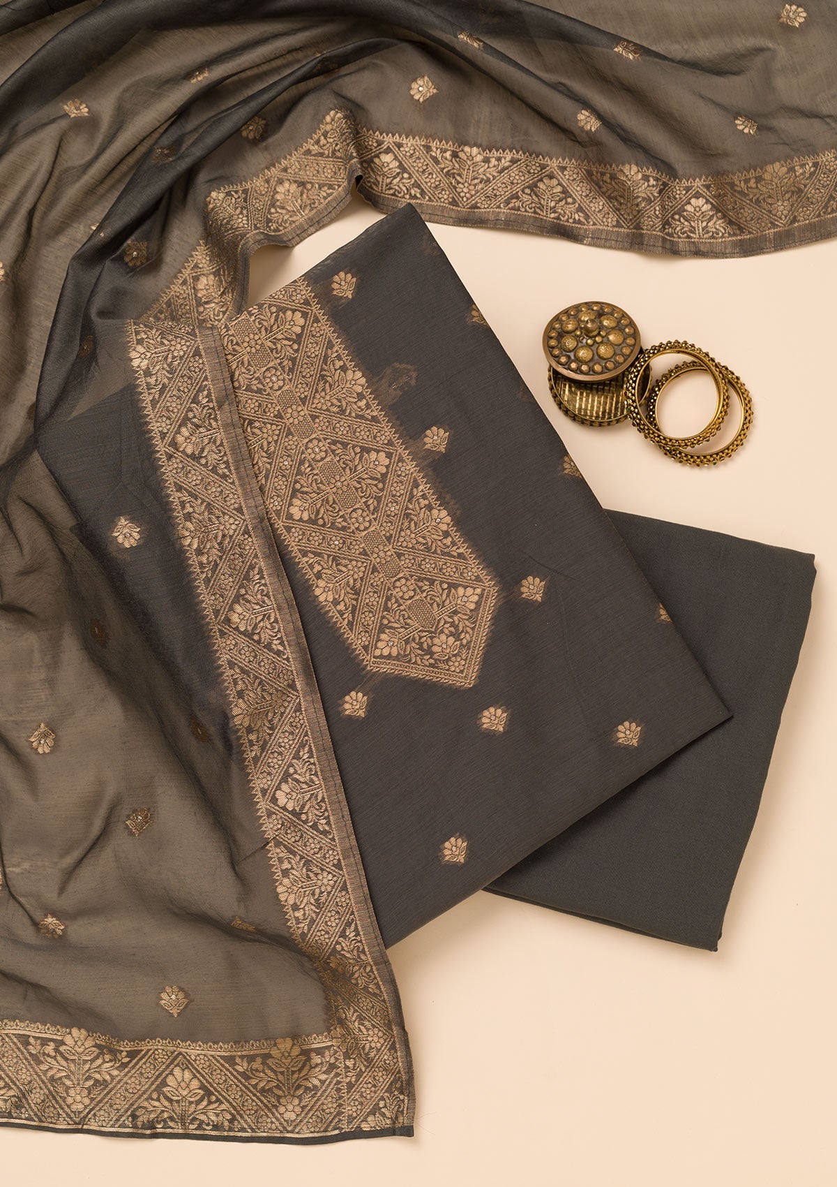 Grey Zariwork Soft Silk Unstitched Salwar Suit