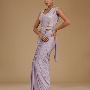 Lavender Cutdana Satin Readymade Saree