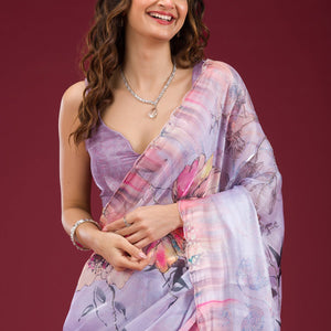 Lavender Printed Tissue Saree