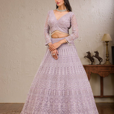 Lavender Silver Stonework Net Readymade Lehenga