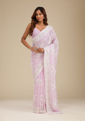 Lavender Threadwork Chiffon Saree
