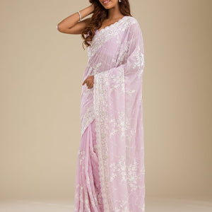 Lavender Threadwork Chiffon Saree