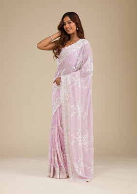 Lavender Threadwork Chiffon Saree