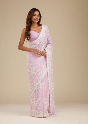 Lavender Threadwork Chiffon Saree