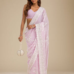 Lavender Threadwork Chiffon Saree