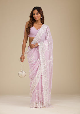 Lavender Threadwork Chiffon Saree