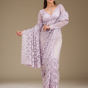 Lavender Threadwork Net Saree