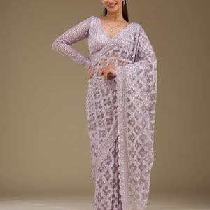 Lavender Threadwork Net Saree