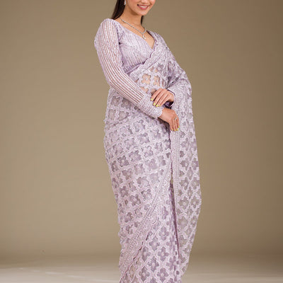 Lavender Threadwork Net Saree
