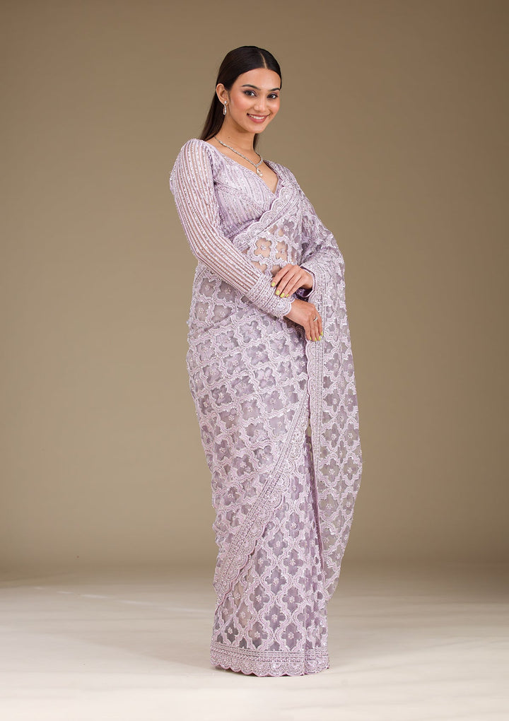 Lavender Threadwork Net Saree