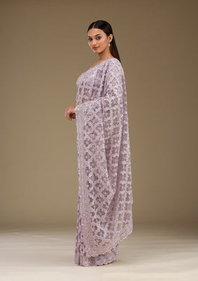 Lavender Threadwork Net Saree
