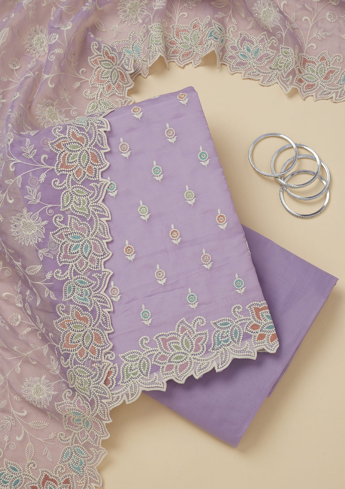 Lavender Threadwork Organza Unstitched Salwar Suit