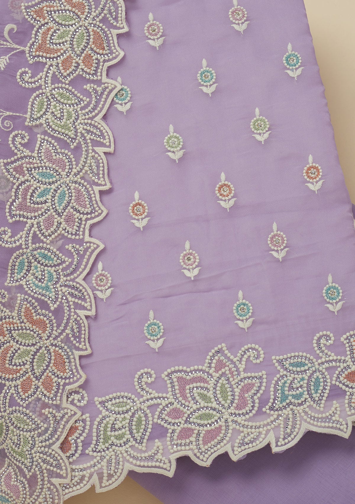 Lavender Threadwork Organza Unstitched Salwar Suit