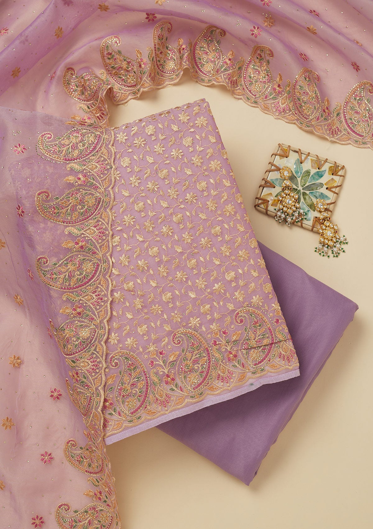 Lavender Threadwork Organza Unstitched Salwar Suit