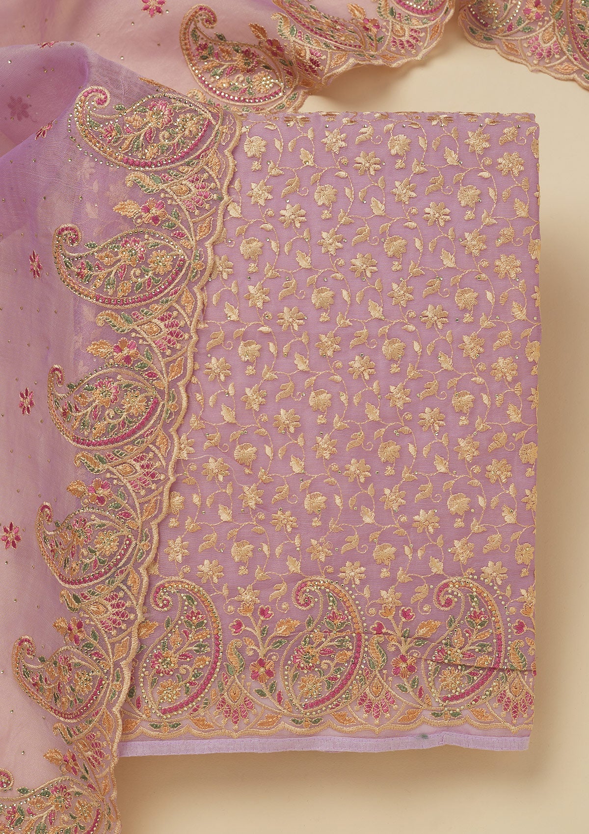 Lavender Threadwork Organza Unstitched Salwar Suit