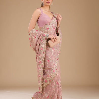 Lavender Threadwork Tissue Saree