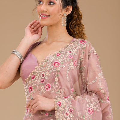 Lavender Threadwork Tissue Saree