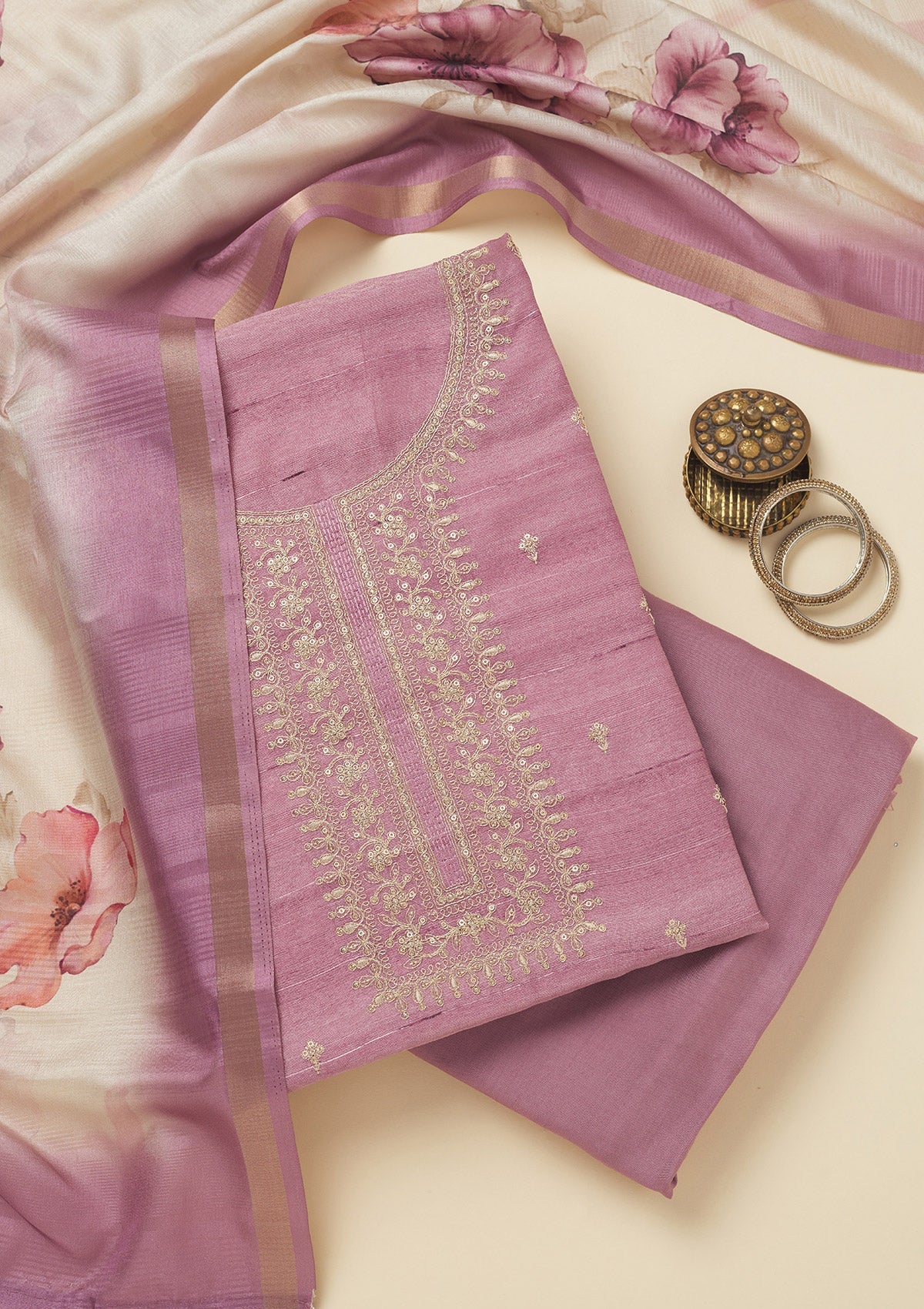 Lavender Zariwork Raw Silk Unstitched Salwar Suit