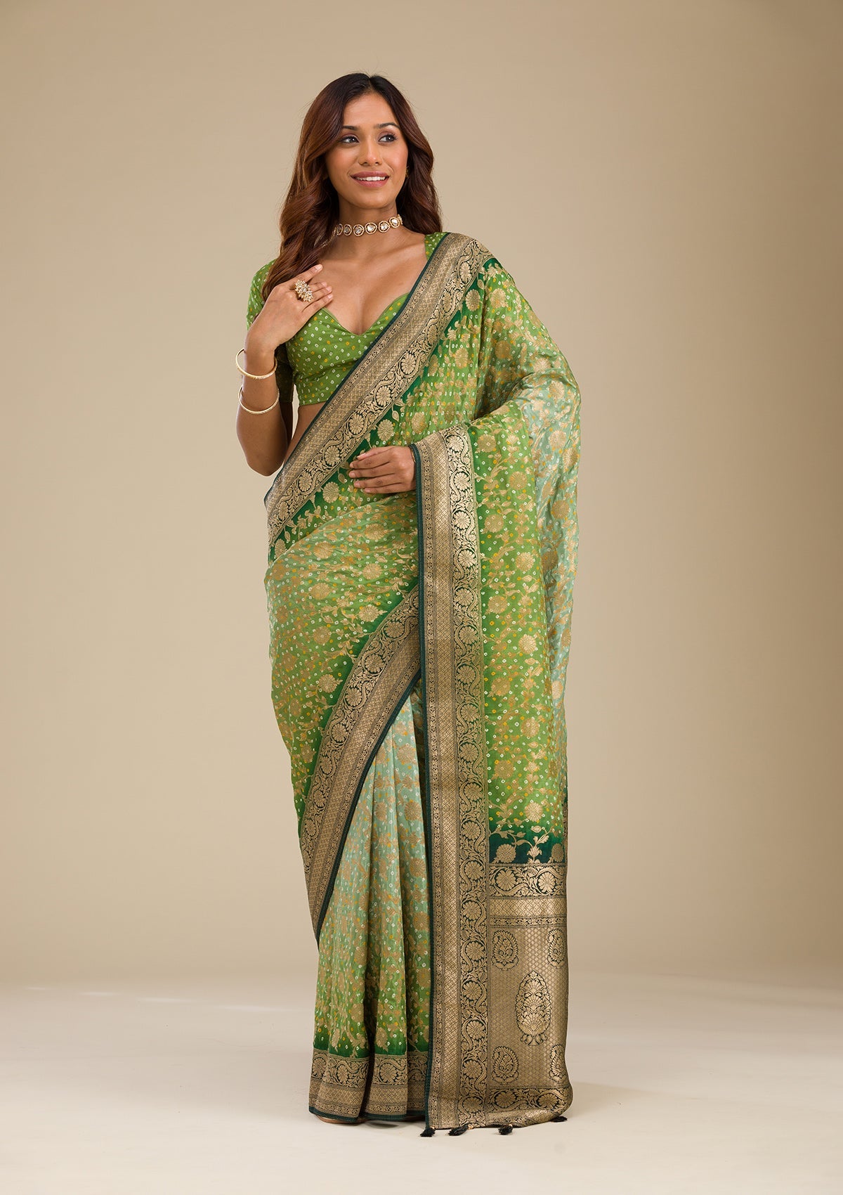 Leaf Green Zariwork Georgette Saree