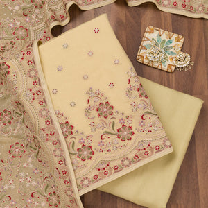 Lemon Yellow Threadwork Semi Crepe Unstitched Salwar Suit