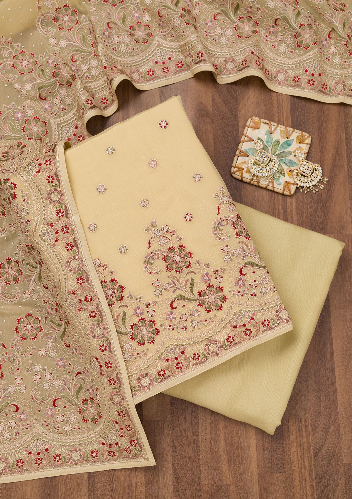 Lemon Yellow Threadwork Semi Crepe Unstitched Salwar Suit